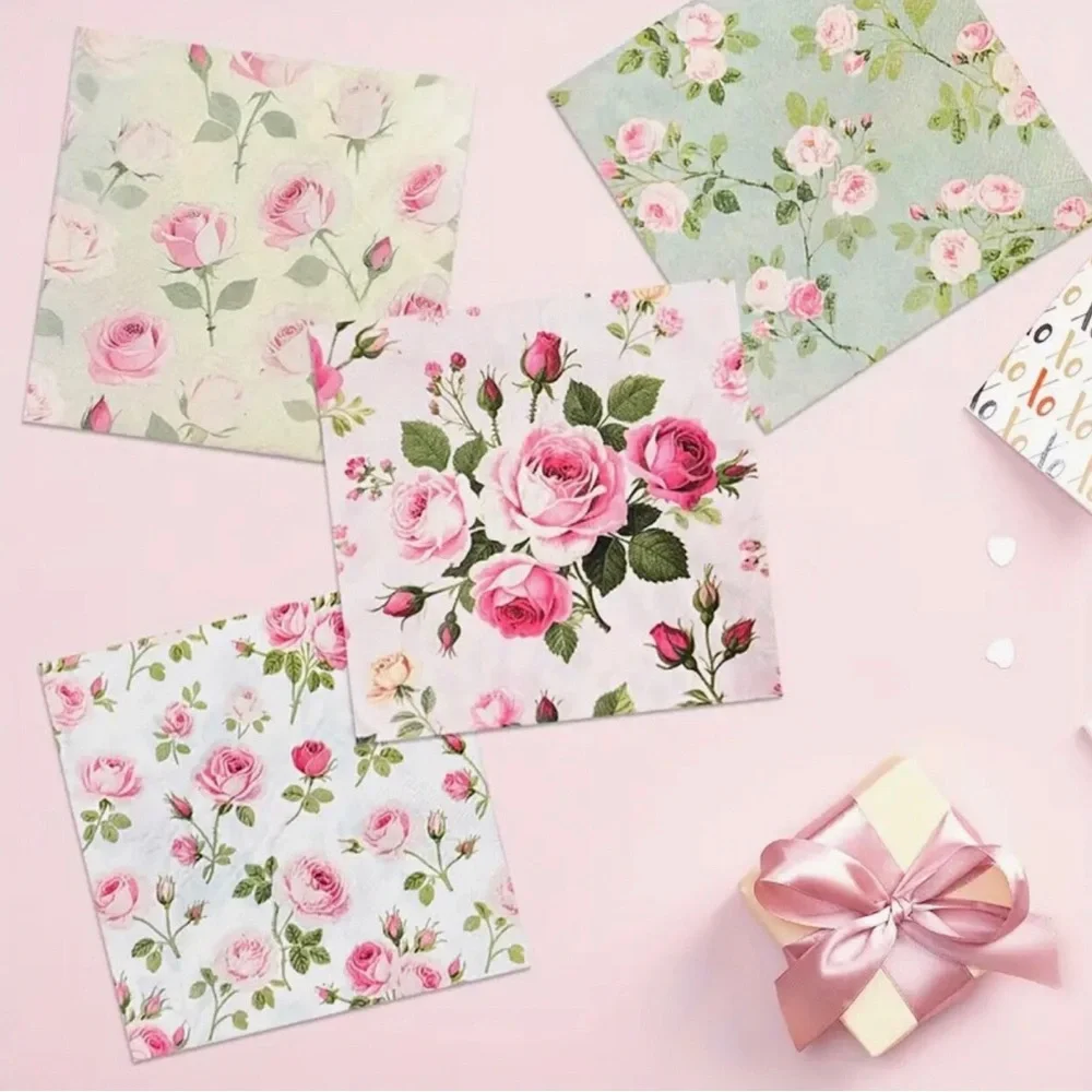 Set of 20 Four Unique Designs of Roses in One Floral Luncheon Napkins